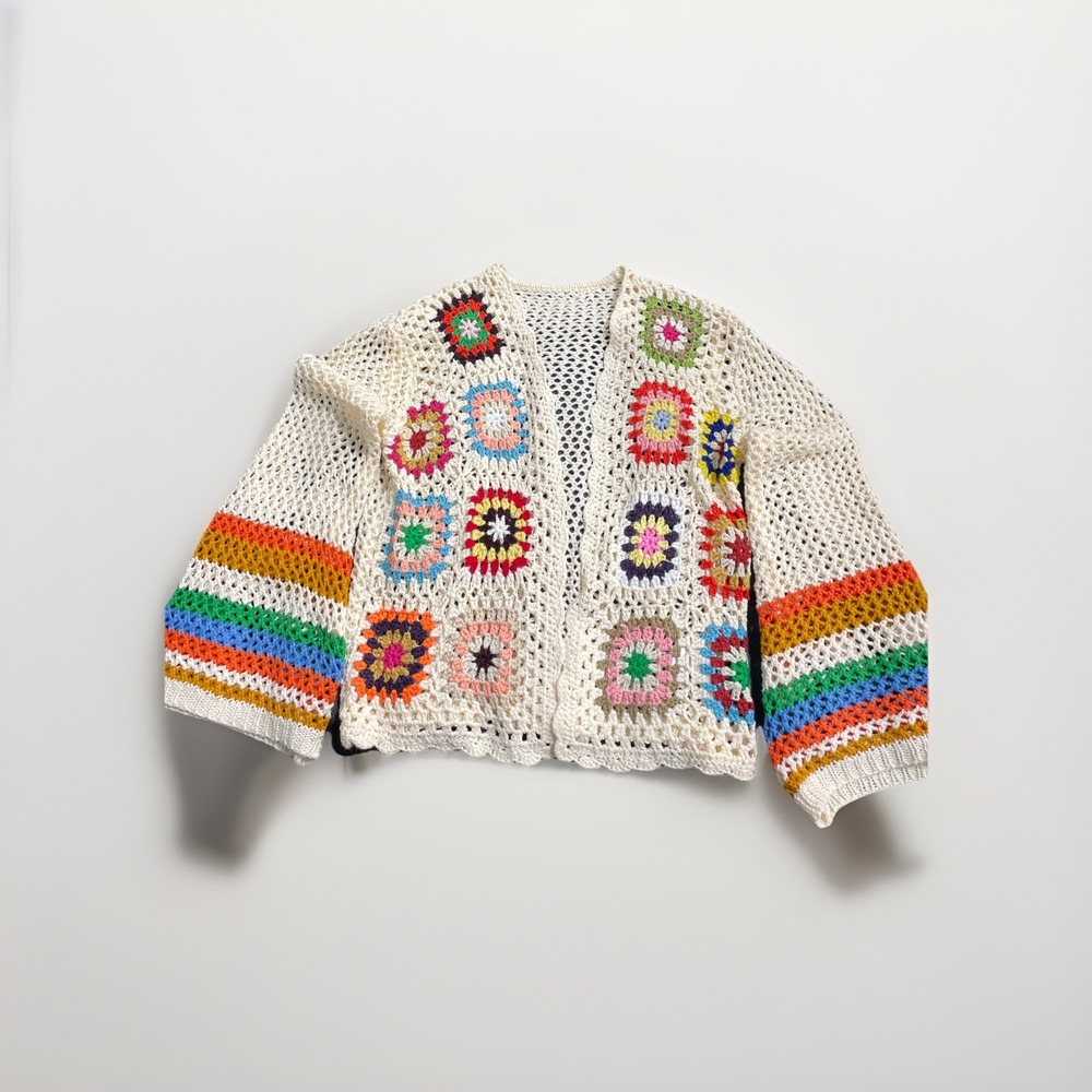 Crochet Small Granny Square Retro Hippie Cardigan Sweater 70s Rainbow Colorful